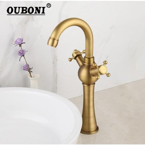 OUBONI Antique Brass Bathroom Basin Faucet 2 Handles Bathroom Deck Mounted Tap Washing Sink Tall Counter Top Mixer Tap Faucet