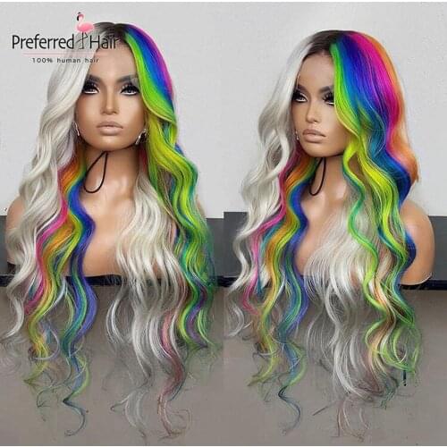 Preferred Green Purple Rainbow Highlight Wig Brazilian Remy Lace Front Human Hair Wigs Glueless Transparent Lace Wigs For Women