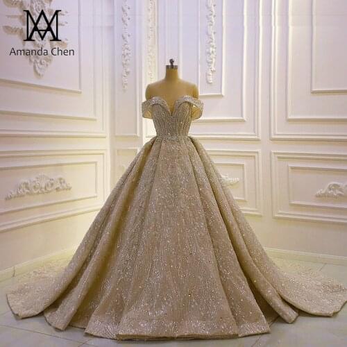 Luxury Off Shoulder Lace Applique Crystal Wedding Dress