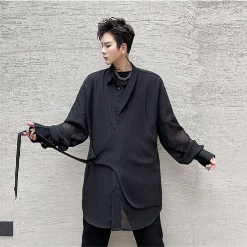 2021 Spring Summer Sexy Chiffon Oversized Black Shirt Men Women Harajuku Casual Long Ribbon Blouse Mesh See-through Shirts
