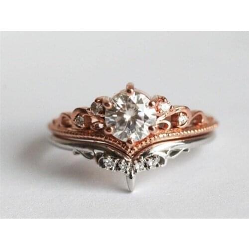 UFOORO Fashion Rose Gold Silver Color Creative Crown Engagement Rings Set Clear Zircon Plated Europe America Style Jewelry