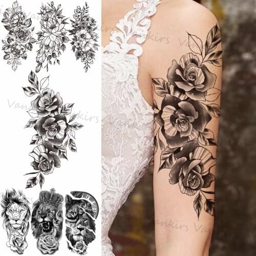 Large Size Flower Rose Temporary Tattoos For Women Girls Men Lion Lotus Fake Tattoo Sticker Sexy Arm Thigh Tatoos Lily Peony 3D