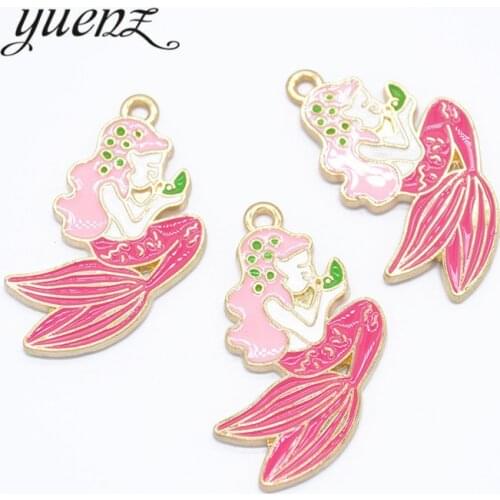 YuenZ 10 pcs Pink Enamel Mermaid Charms KC Gold Color Metal Pendant Woman Jewelry Making Accessories 30*29mm W4