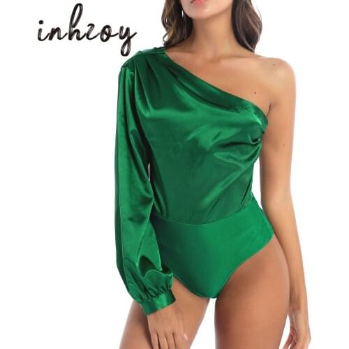 Women Satin Bodysuit Jumpsuit Fashion Long Sleeve Dance Blouse Top Off Shoulder Leotard Shirt