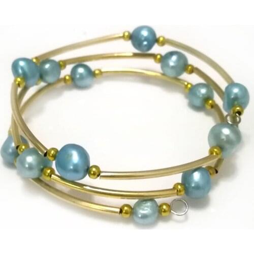7.5-8 inches 8-9mm Blue Natural Baroque Freshwater Pearl Women Memory Wire Wrap Bracelet