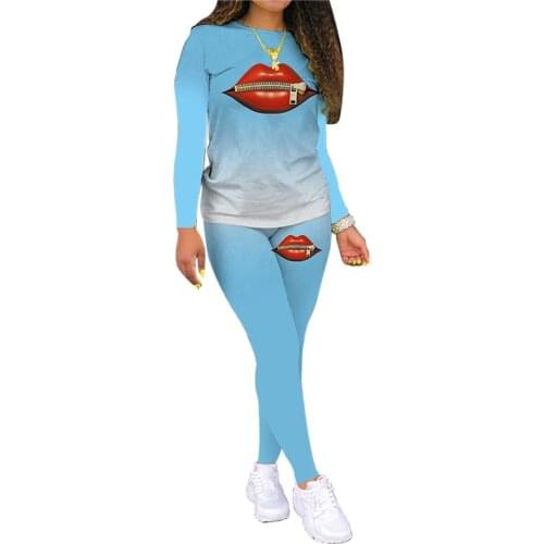 Women Two Piece Clothes Gradient Lip Print Round Neck T-shirt and High Waist Pants 2 Piece Sets Womens Outfits Women Tracksuit