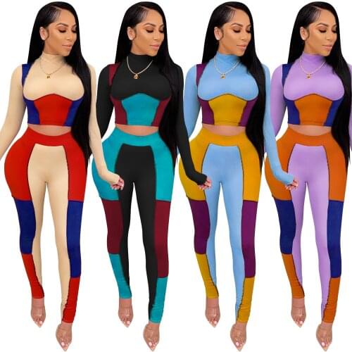 Autumn Patchwork Tracksuit 2 Pieces Long Pants Sets Women Long Sleeve Crop Top and Skinny Pants 2021 Sexy Clubwear Streetwear
