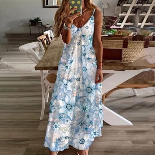 Summer Floral Print Vintage Dress Women 2021 Casual Loose V-neck Spaghetti Strap Long Dresses Woman Fashion Boho Beach Dress