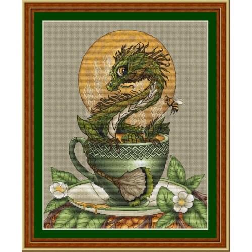Gold Collection Beautiful Counted Cross Stitch Kit Teacup Green Dragon and Moon Eastern God Monster