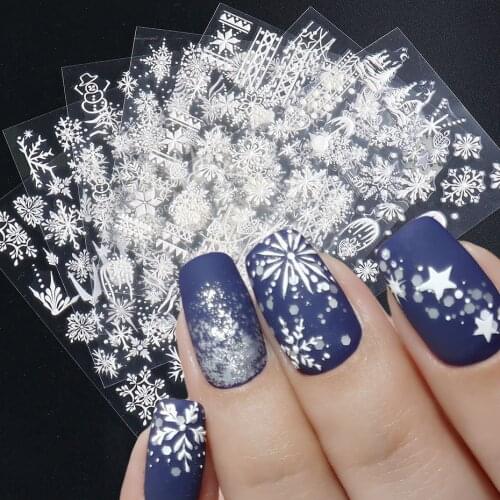 1 Set 5D Embossed Christmas Nail Sliders White Snowflakes Self-Adhesive Stickers Gel Polish French Decor Manicure SASTZ5D01-08