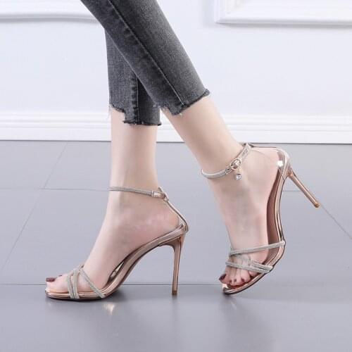 2021 New High-heeled Women Sandals Shoes, Round Head, Korean Style Design, Fine-heeled Narrow Band Rhinestone, Buckle Sandals
