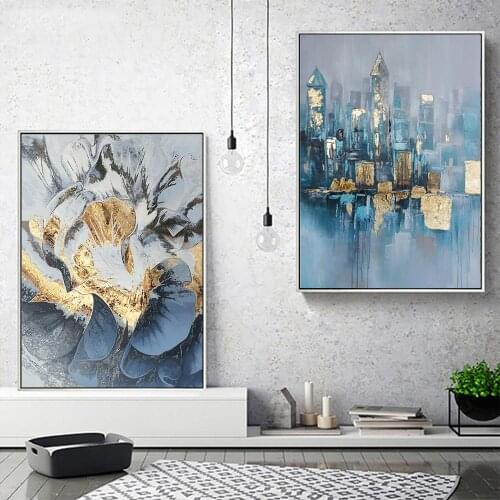 Abstract Contemporary Blue Building Canvas Painting Posters City Flower Prints Nordic Wall Art Pictures Living Room Home Decor