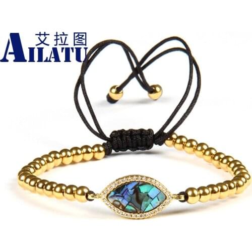 Ailatu Luxury Women Bracelet Clear Cz Abalone Shell Eye of Fatima Hamsa Macrame Bracelet with 4mm Stainless Steel Beads