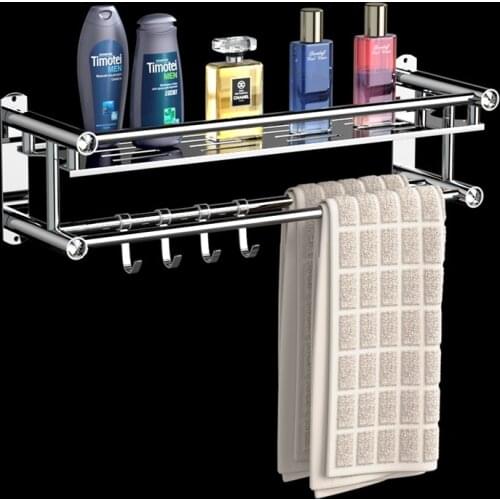 Towel Holder Punch-free Bathroom Accessories Towel Rail Wall Mounted Towel Hanger with 4 Hooks Stainless Steel Storage Shelf