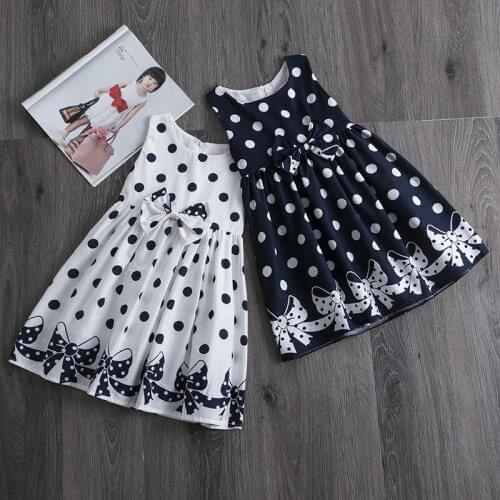 Kids Dresses for Girls 3-8 Years Summer Girl Dress Polka Dots Soft Cotton Children Clothing Bowknot Belt Girl Casual Wear