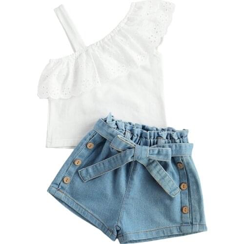 Infant Kids Baby Girls 2Pcs Set Clothes One Shoulder Lace Ruffled Tops Shirt Denim Shorts Summer Fashion Outfits