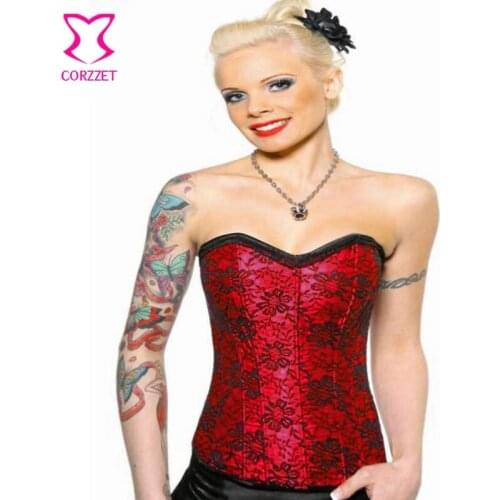 Steampunk Burlesque Red Floral Lace Steel Boned Corset Bustier Lingerie Strapless Overbust Sexy Corsets Gothic Clothing Women
