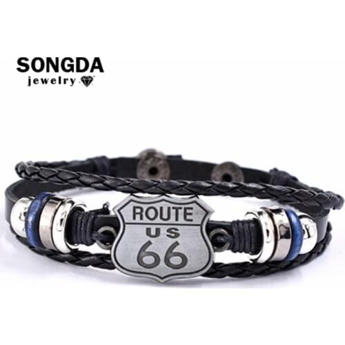 US Route 66 Leather Bracelet Retro Future Metal Blue Bead Braid Rope Silver Nameplate Bracelets Men Women Accessories Souvenirs