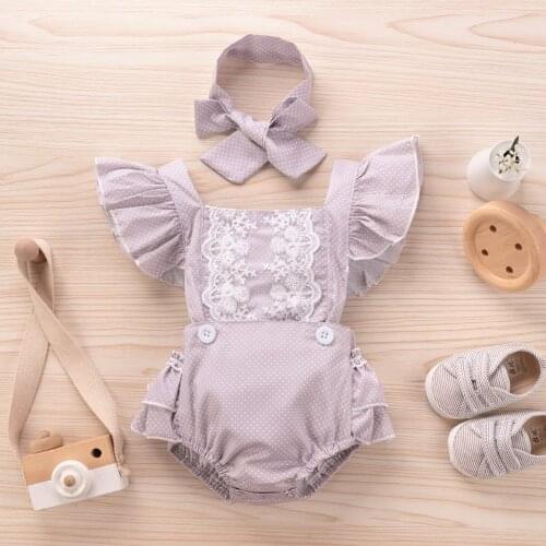 0-24M Babies Girls Lace Princess Clothes Outfits Cotton Ruffles Sleeve Bodysuits With Headband 2Pcs Summer Clothing Set