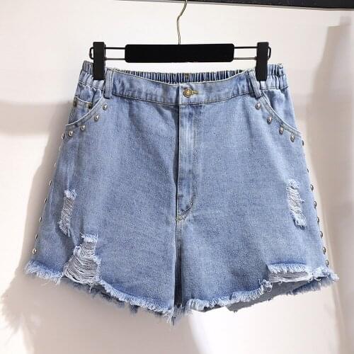 Summer Shorts Women Casual Denim Short Elastic Waist Holes Nail-Beaded Loose Jeans Shorts Plus Size 5Xl6Xl Wide Leg Short