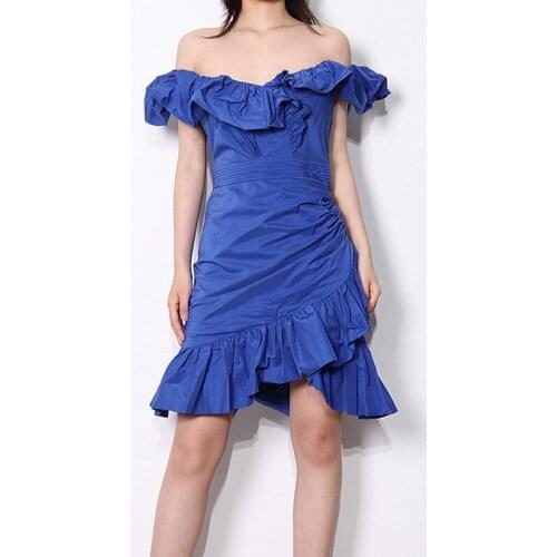 Fashion Blue Color Women Asymmetrical Dress Off Shoulder Good Quality Sexy Slash Neck Bodycon Trend Dresses Vestidos