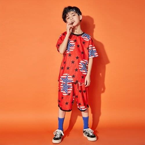 New childrens street dance set boys hip hop printing festive performance Red Jazz Costume Rave Outfit Kids Practice Wear BDY038