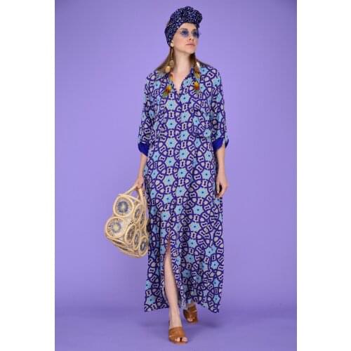 Geometric Patterned Cotton Fabric Summer And Spring Long Viscose Shirt Dress 2021 New Fashion Womens Clothing Collections