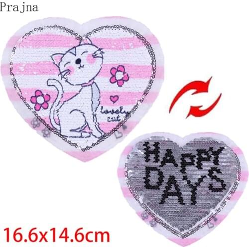 Prajna Reversible Patch Cute Cat Patch Heart-shaped Sew On Patches For Clothing T-shirts Sticker Badges Applique Washable Decor