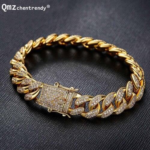 Drop Shipping Top Quality Punk Women Mens Curb Cuban Link Bracelets Copper Lab Bling Iced Out Full CZ Clasp Gold Chain Bangles