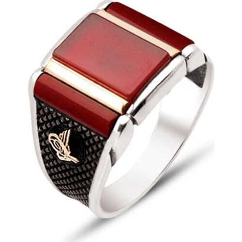 Silver Custom Cut Agate Stone Edges Tuğralı Male Ring