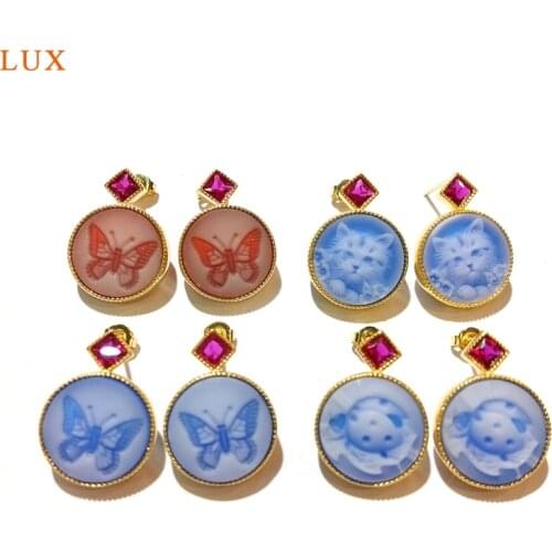 Natural Blue Red Agates Cameo Stud Earrings Cute Cat butterfly engrave Flatback Cameo Cabochon Stud For Women