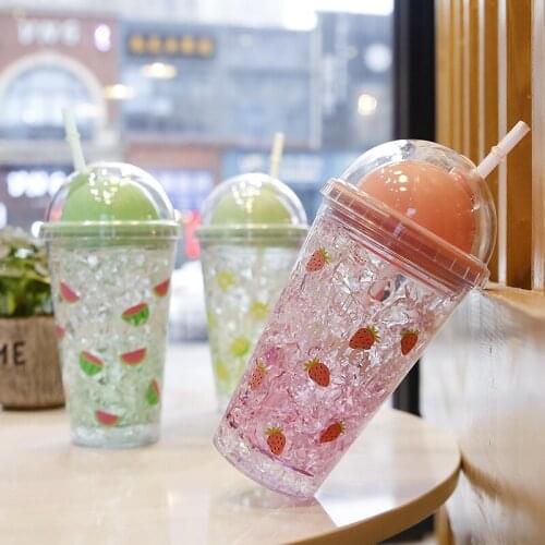 Cute Fruit Double Straw Water Cups Cold Drink Cup Summer Student Drinking Outdoor Ice Plastic Water Bottle Ladies Cup