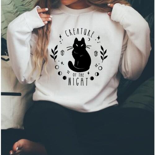 Creature Of The Night Black Cat Sweatshirt Fashion Witch Woman Halloween Sweatshirt Spooky Moon Celestial Magic Crystal Pullover