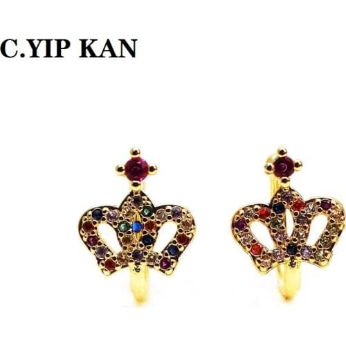 C.YIP KANFashion U-shaped gold-plated ear clip copper micro inlay color zircon crown shape non hole earring ear bone clip