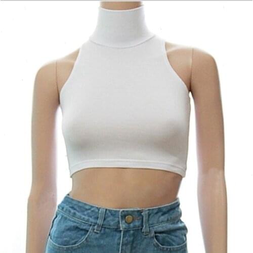 High Collar Turtle Neck Lycra Cotton Crop Top Women White Shirt Sleeveless Sexy Tops Tank Bustier Top Camisole Vest Streetwear