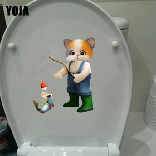 YOJA 15.6*19CM Cute Cat Fishing Cartoon Wall Decal Home Room Decor Toilet Sticker T1-0161
