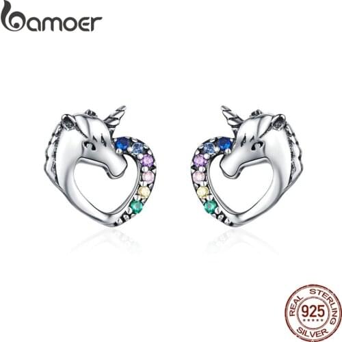 BAMOER Lucky Licorne Stud Earrings for Girl Multicolor Horse Ear Studs 925 Sterling Silver Anti-allergy Jewelry for Kids SCE611