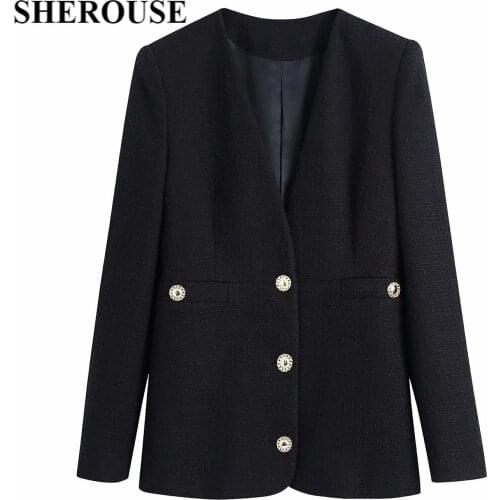 SHEROUSE Women Fashion Long Sleeves Single breasted V-neck Blazer Casual Elegant Office Lady Suit Woman Blazer Suit veste femme