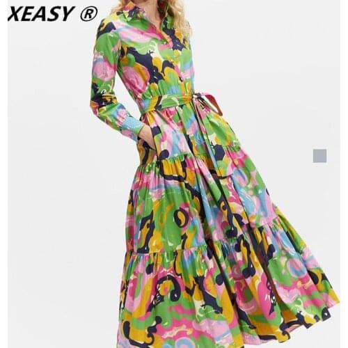 XEASY 2021 Women Fashion Print Shirt Dress Vintage Lapel Long Sleeves Bow Belt Dress Female Loose Hem Long Casual Dresses