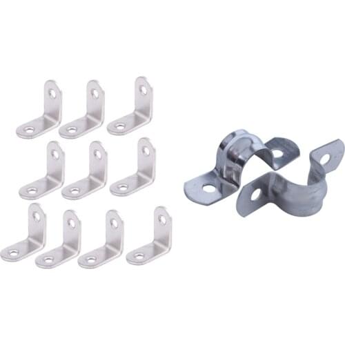 20Pcs Stainless Steel 2-Hole Rigid Pipe Straps Clip Clamp with ​10Pcs Screw Mounted Furniture Angle Corner Bracket