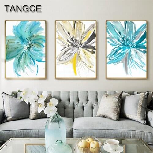 Abstract Flower Painting Modern Watercolor Posters and Prints Blue Yellow Wall Art Pictures for Living Room Fashion Canvas Art