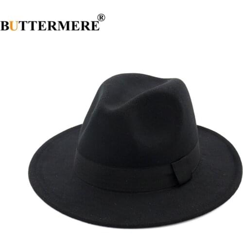 BUTTERMERE Hat Fedora Woolen Autumn Winter Hats for Women Men British Syle Jazz Cap Wide Brim Classic Panama Black Pork Pie Hat
