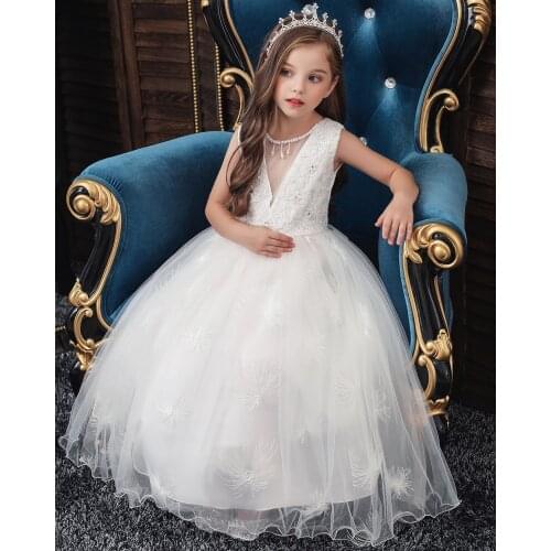 Child Western Style White Long Girl Wedding Dress For Kids Embroidered V-Neck Dresses For Girls Of 10 Year Old