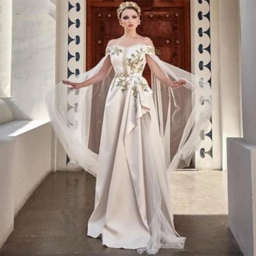 Elegant White Moroccan Kaftan Bridal Gown Long Arabic Muslim Evening Party Dress Off Shoulder Dubai Dress vestido de festa