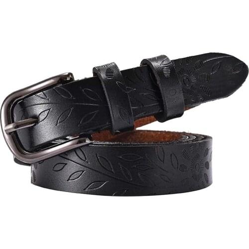ELIfashion Second Layer Cow Leather Embossed Flora Belt Luxury Strap Dress & Jeans Fashion Belts Vintage Gun-Color Buckle