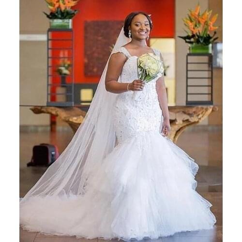 New African Nigerian Styles Plus Size Mermaid Wedding Dress Bridal Gowns Beaded crystal Cascading Ruffles Long Sweep Train