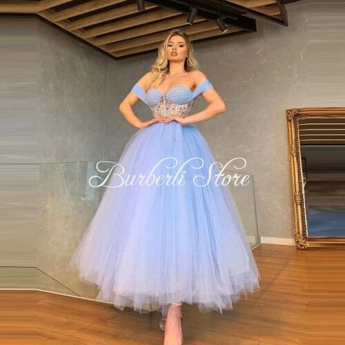 Very Fluffy Light Blue Tulle A-line Dress 2021 Sweet Off The Shoulder Beading Ceystals Formal Party Gowns Formature Sukoenki