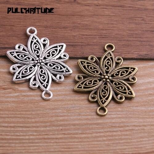 PULCHRITUDE 4pcs 29*40mm Two Color Zinc Alloy Vintage Hollow Flower Connectors Jewelry Making DIY Handmade Craft
