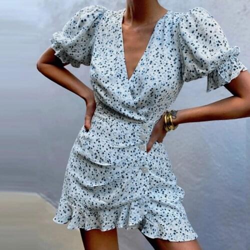 Summer Vintage Women Mini Dress Women 2021 Fashion V-neck White Sundress Beach Wrap Party Ruffle Causal Ladies Dresses Vestidos