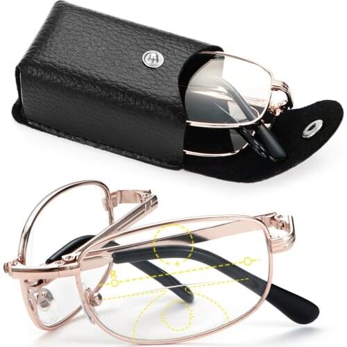 Unisex Folding Metal Reading Glasses Progressive Multifocal Lens Presbyopia Eyeglasses Includes Glasses Case +1.00~+4.00 Degree